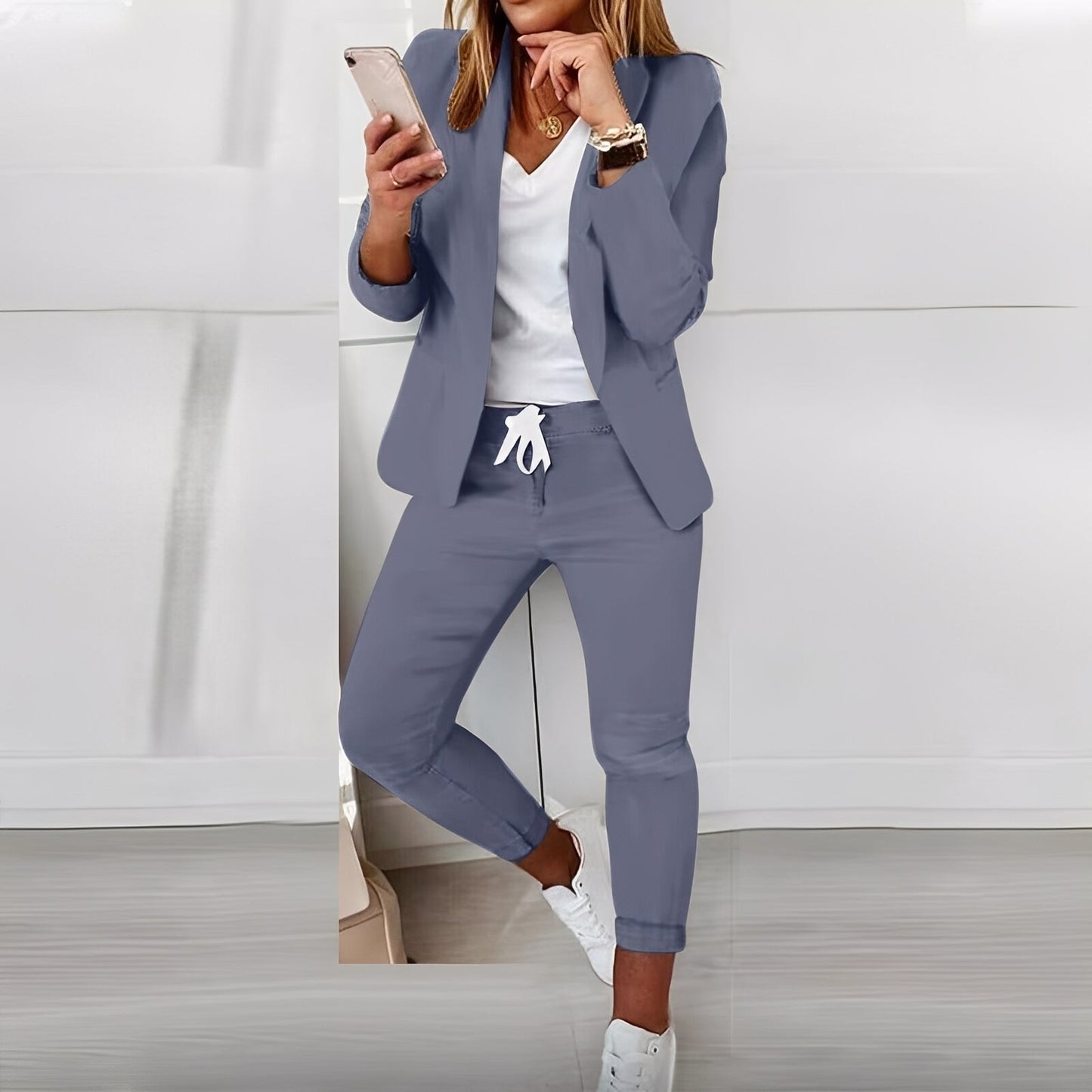 Femme Ensemble Blazer et Pantalon à Cordon Manches Longues Col Châle
