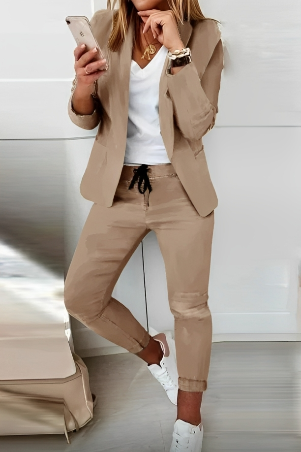Femme Ensemble Blazer et Pantalon Slim Manches Longues sans Fermeture