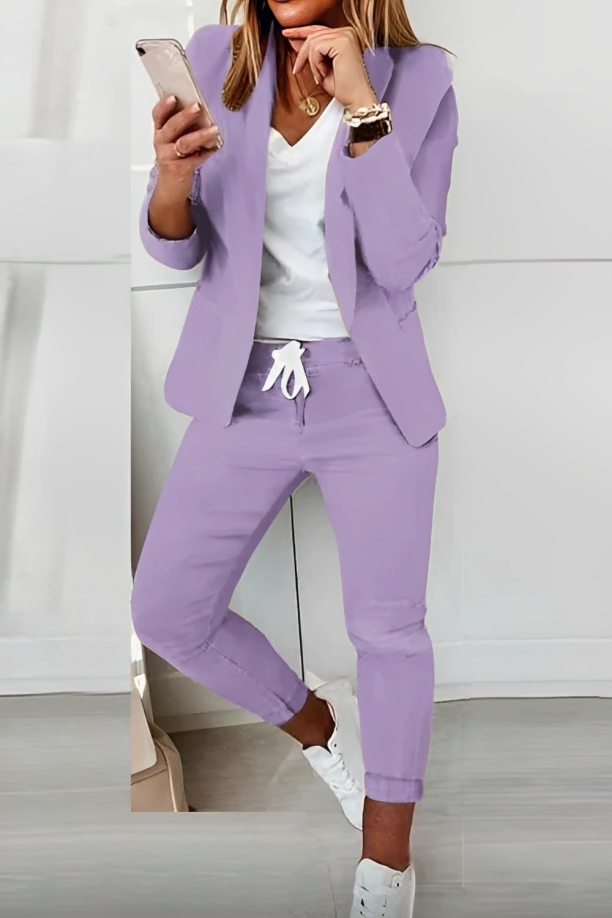 Femme Ensemble Blazer et Pantalon Slim Manches Longues sans Fermeture