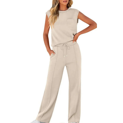 Femme Ensemble Casual Sans Manches col Rond et Pantalon Large à Cordon