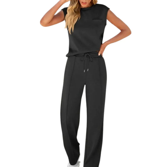 Femme Ensemble Casual Sans Manches col Rond et Pantalon Large à Cordon