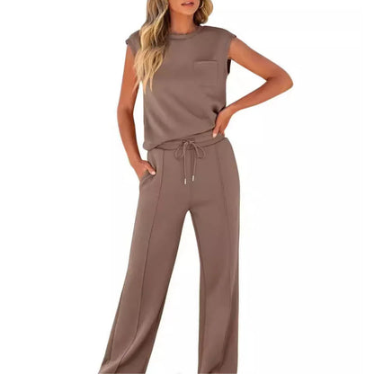 Femme Ensemble Casual Sans Manches col Rond et Pantalon Large à Cordon