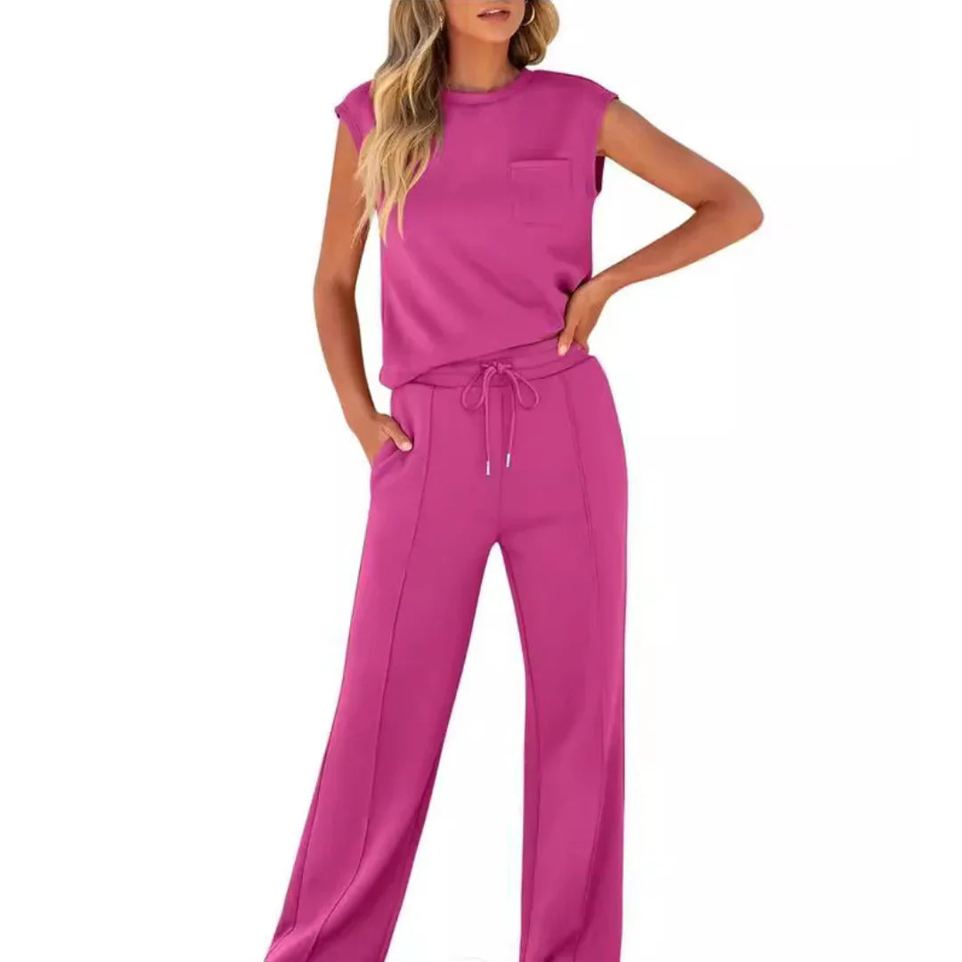 Femme Ensemble Casual Sans Manches col Rond et Pantalon Large à Cordon