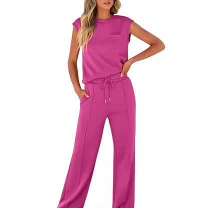 Femme Ensemble Casual Sans Manches col Rond et Pantalon Large à Cordon