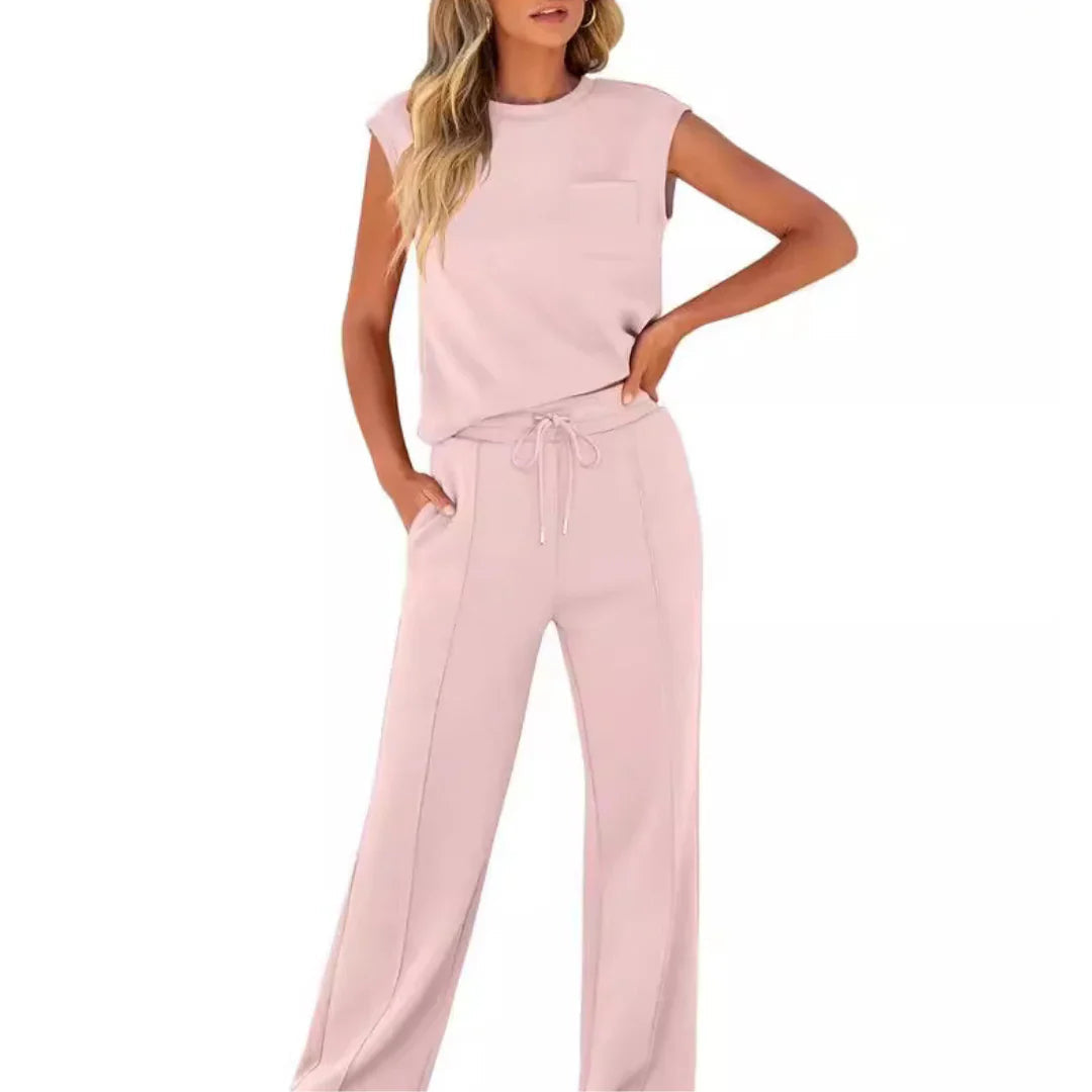 Femme Ensemble Casual Sans Manches col Rond et Pantalon Large à Cordon