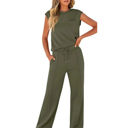 Femme Ensemble Casual Sans Manches col Rond et Pantalon Large à Cordon