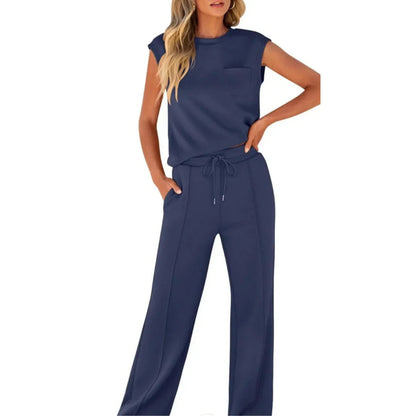 Femme Ensemble Casual Sans Manches col Rond et Pantalon Large à Cordon