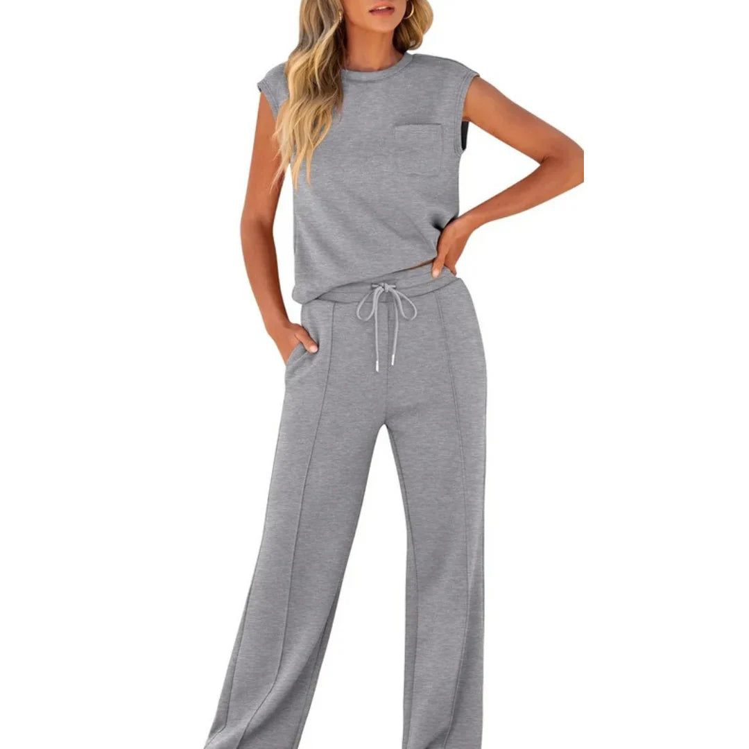 Femme Ensemble Casual Sans Manches col Rond et Pantalon Large à Cordon