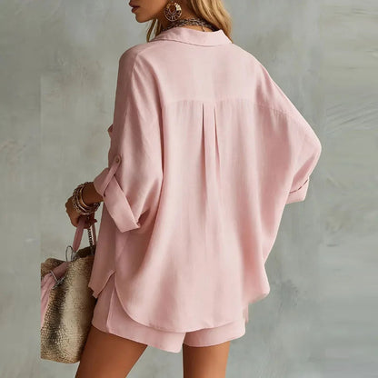 Femme Ensemble Chemise Oversize et Short avec Col à Revers et Manches Longues