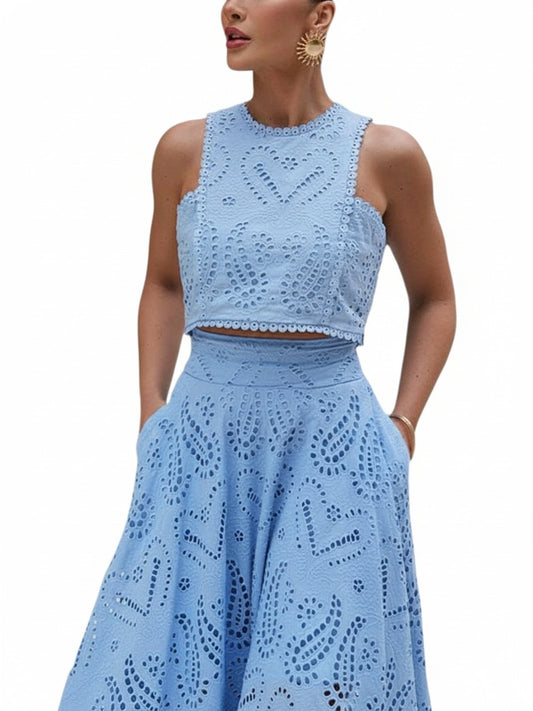 Femme Ensemble Crop Top et Jupe Longue sans Manches à Broderie Ajourée