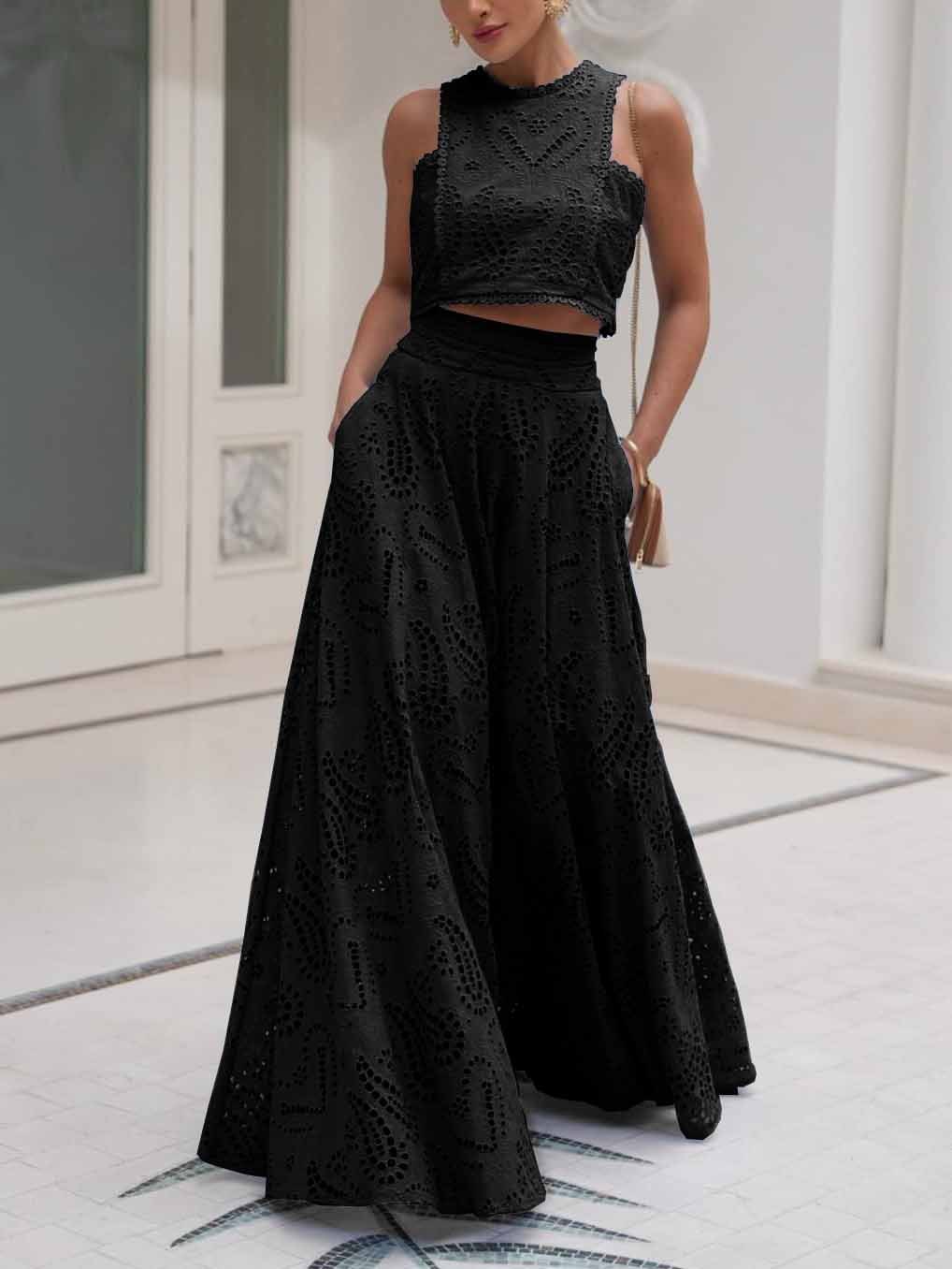 Femme Ensemble Crop Top et Jupe Longue sans Manches à Broderie Ajourée