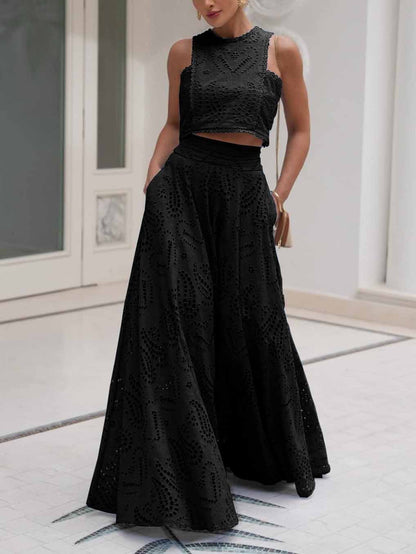 Femme Ensemble Crop Top et Jupe Longue sans Manches à Broderie Ajourée