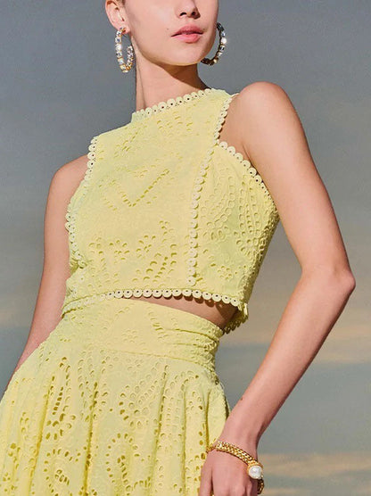 Femme Ensemble Crop Top et Jupe Longue sans Manches à Broderie Ajourée