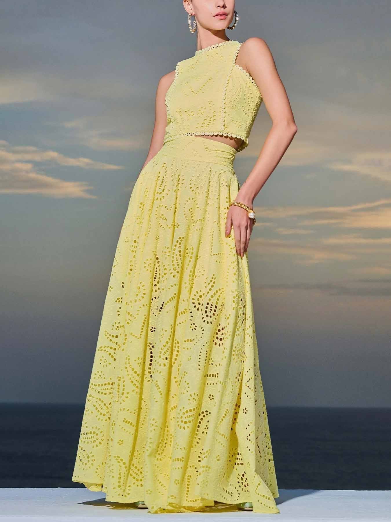 Femme Ensemble Crop Top et Jupe Longue sans Manches à Broderie Ajourée