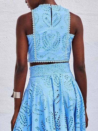 Femme Ensemble Crop Top et Jupe Longue sans Manches à Broderie Ajourée