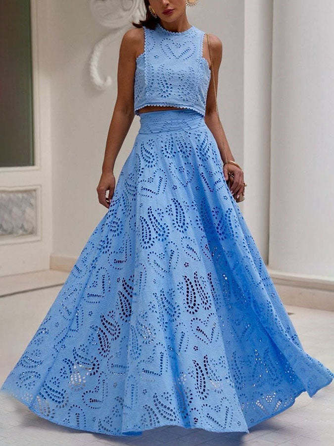 Femme Ensemble Crop Top et Jupe Longue sans Manches à Broderie Ajourée