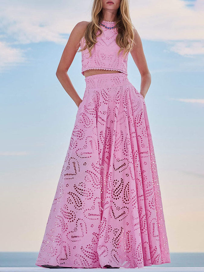 Femme Ensemble Crop Top et Jupe Longue sans Manches à Broderie Ajourée
