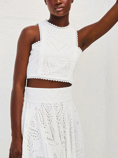 Femme Ensemble Crop Top et Jupe Longue sans Manches à Broderie Ajourée