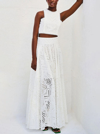 Femme Ensemble Crop Top et Jupe Longue sans Manches à Broderie Ajourée