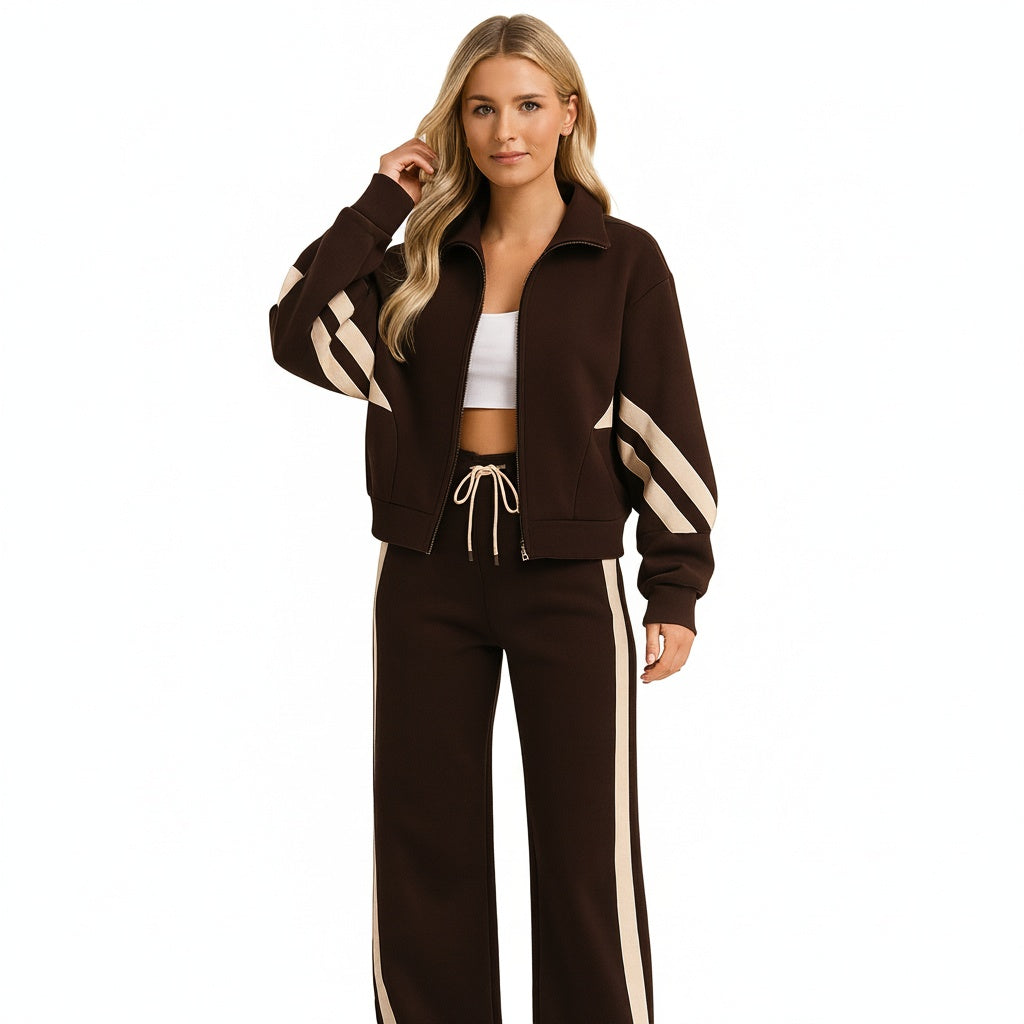 Femme Ensemble de Jogging Deux Pièces avec Veste Zippée et Bandes Latérales