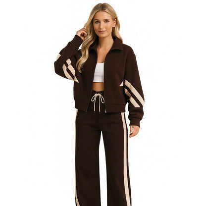 Femme Ensemble de Jogging Deux Pièces avec Veste Zippée et Bandes Latérales