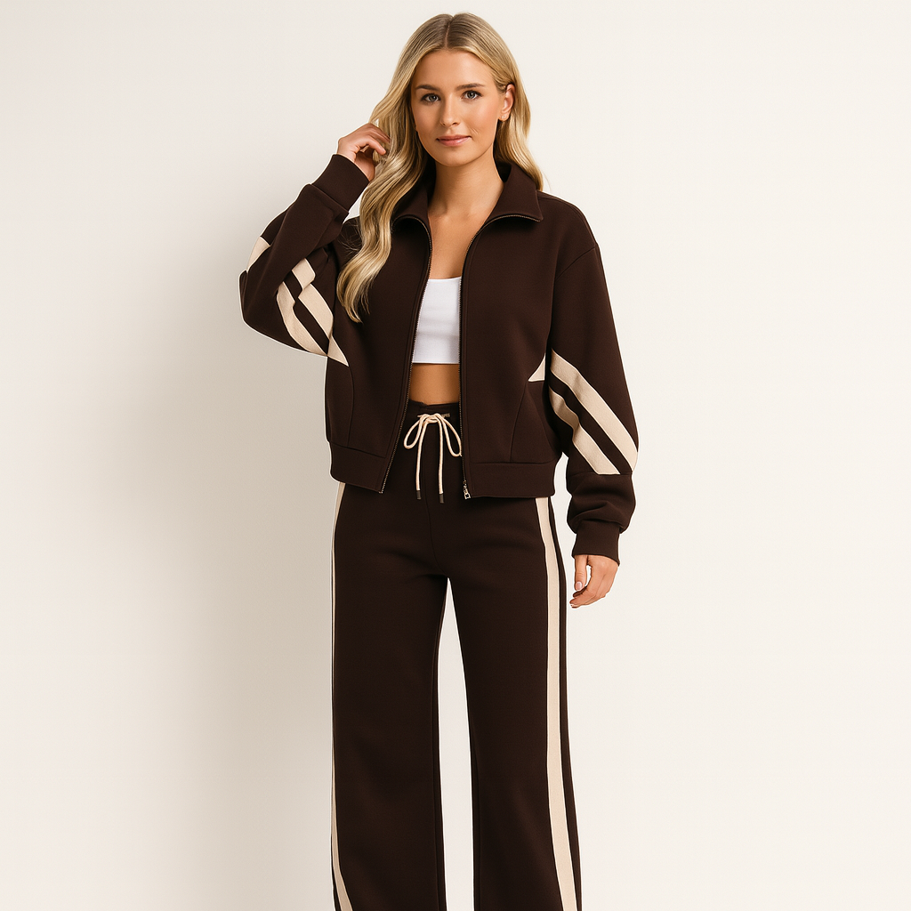 Femme Ensemble de Jogging Deux Pièces avec Veste Zippée et Bandes Latérales