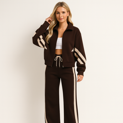 Femme Ensemble de Jogging Deux Pièces avec Veste Zippée et Bandes Latérales