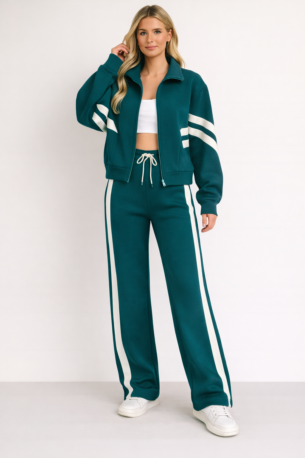 Femme Ensemble de Jogging Deux Pièces avec Veste Zippée et Bandes Latérales
