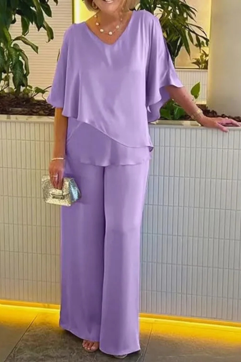 Femme Ensemble Deux Pièces avec Top à Volants et Pantalon Large