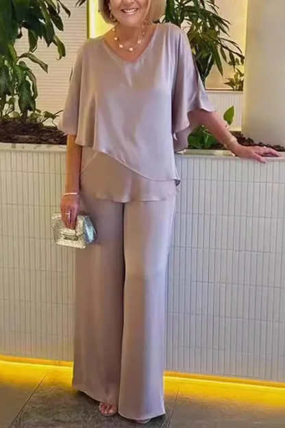 Femme Ensemble Deux Pièces avec Top à Volants et Pantalon Large