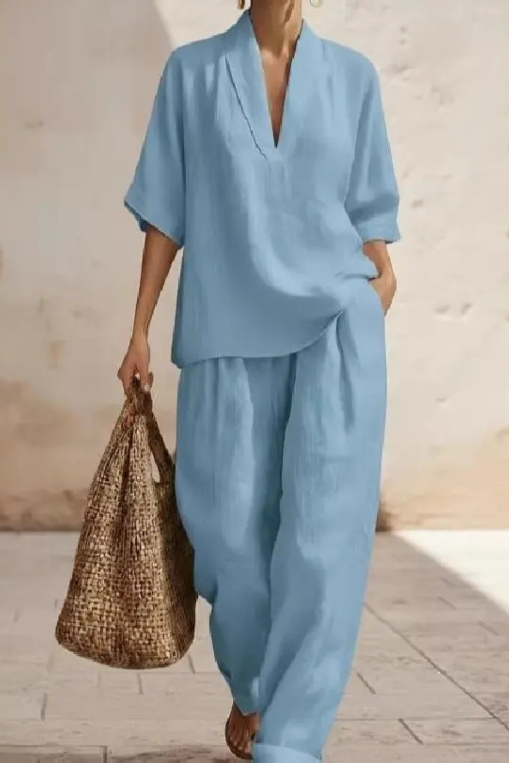 Femme Ensemble Deux Pièces avec Top Col en V et Pantalon Large