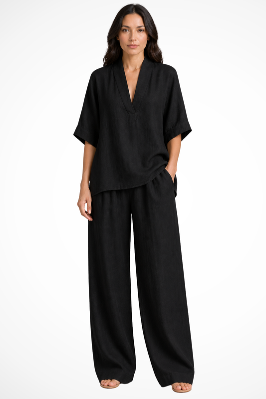 Femme Ensemble Deux Pièces avec Top Col en V et Pantalon Large