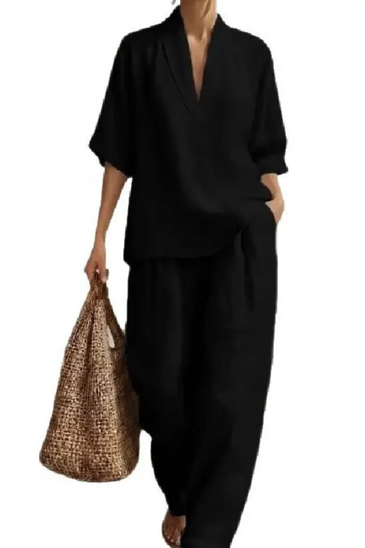 Femme Ensemble Deux Pièces avec Top Col en V et Pantalon Large