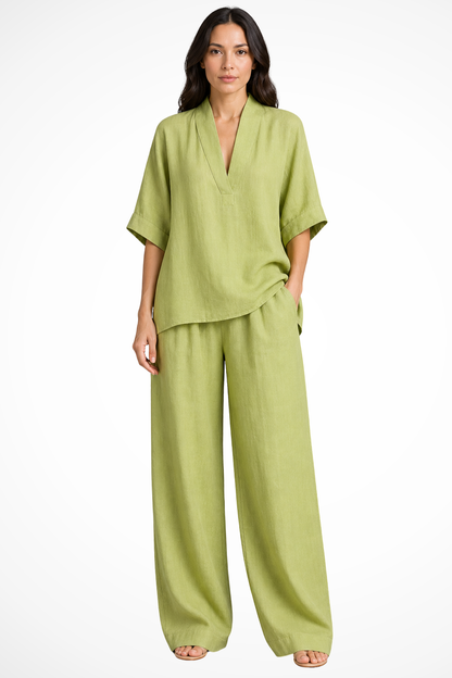 Femme Ensemble Deux Pièces avec Top Col en V et Pantalon Large