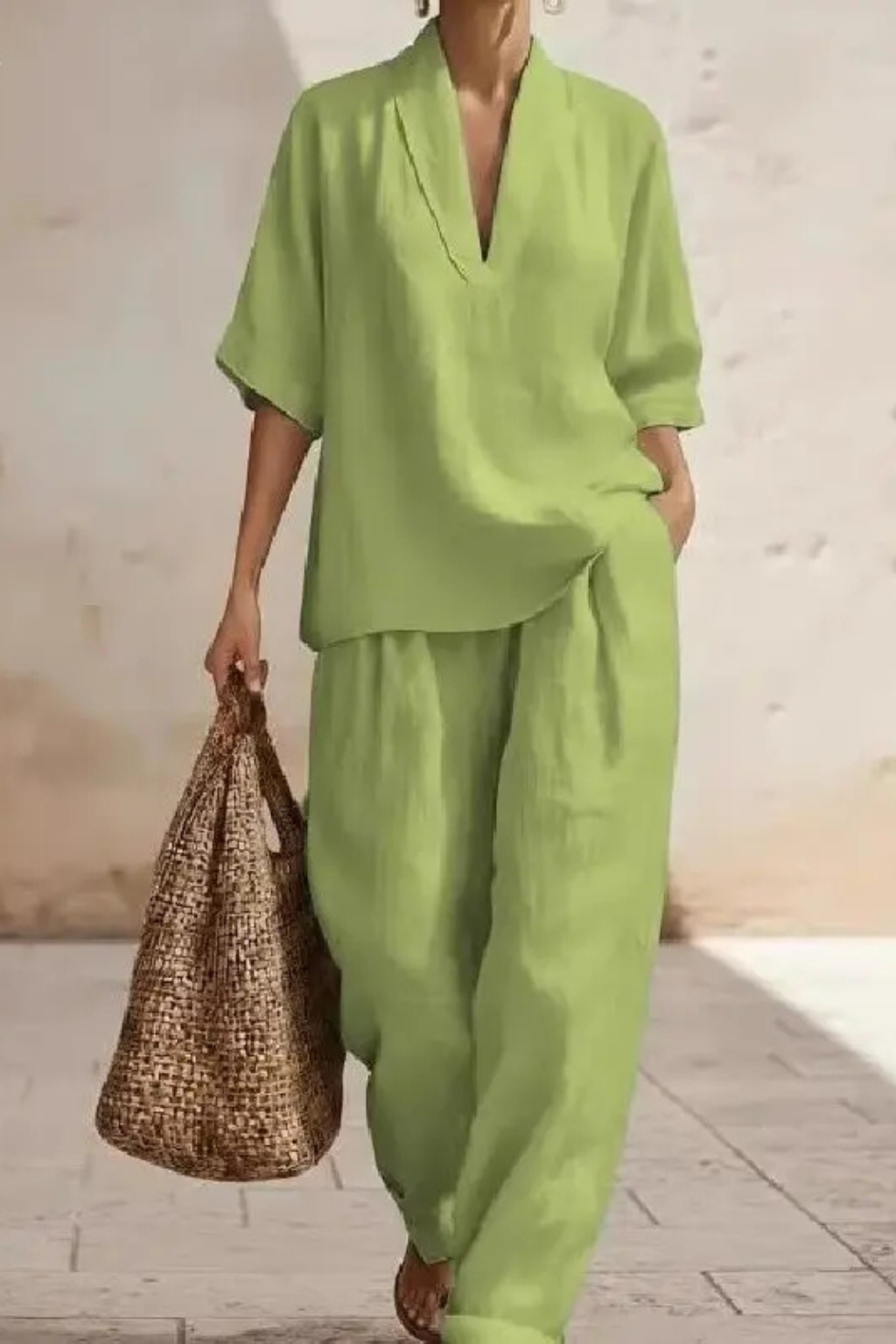 Femme Ensemble Deux Pièces avec Top Col en V et Pantalon Large