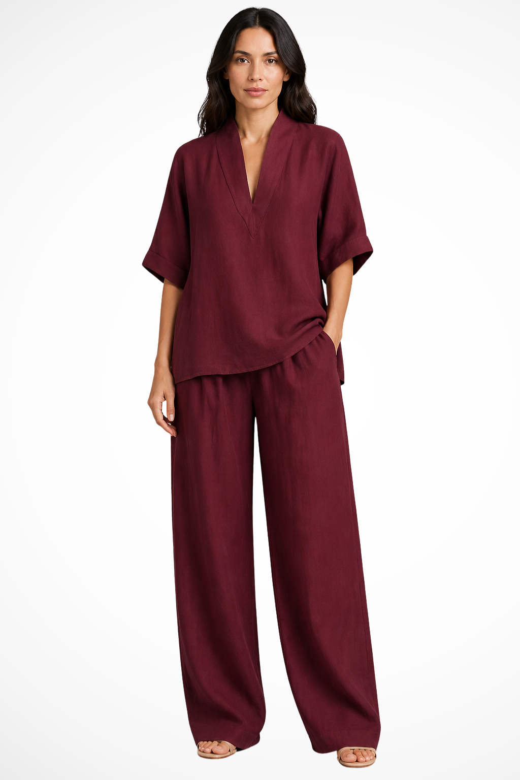Femme Ensemble Deux Pièces avec Top Col en V et Pantalon Large