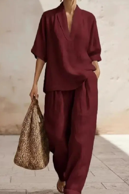 Femme Ensemble Deux Pièces avec Top Col en V et Pantalon Large