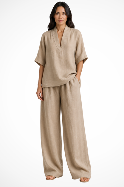 Femme Ensemble Deux Pièces avec Top Col en V et Pantalon Large