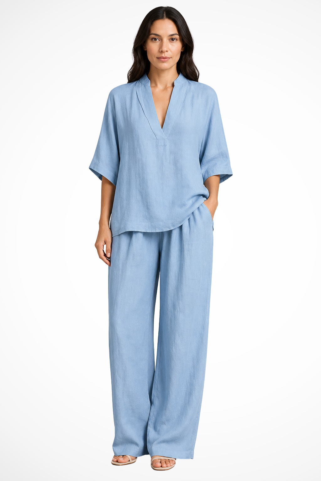 Femme Ensemble Deux Pièces avec Top Col en V et Pantalon Large