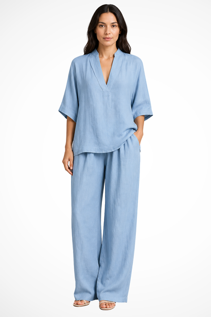 Femme Ensemble Deux Pièces avec Top Col en V et Pantalon Large