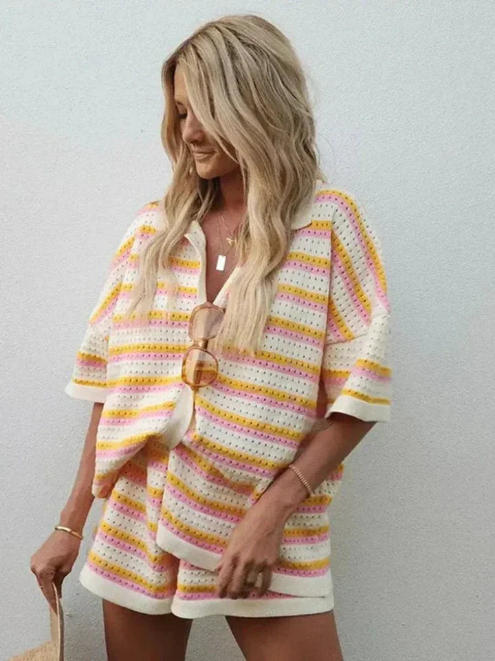 Femme Ensemble Deux Pièces Chemise Manches Courtes et Short à Rayures