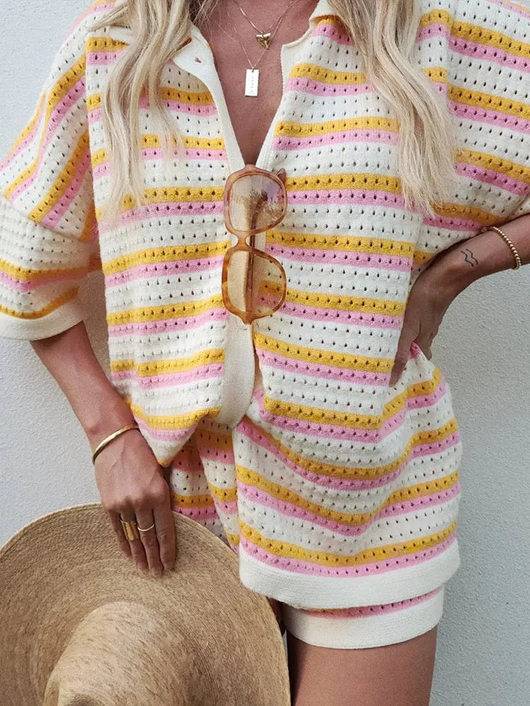 Femme Ensemble Deux Pièces Chemise Manches Courtes et Short à Rayures