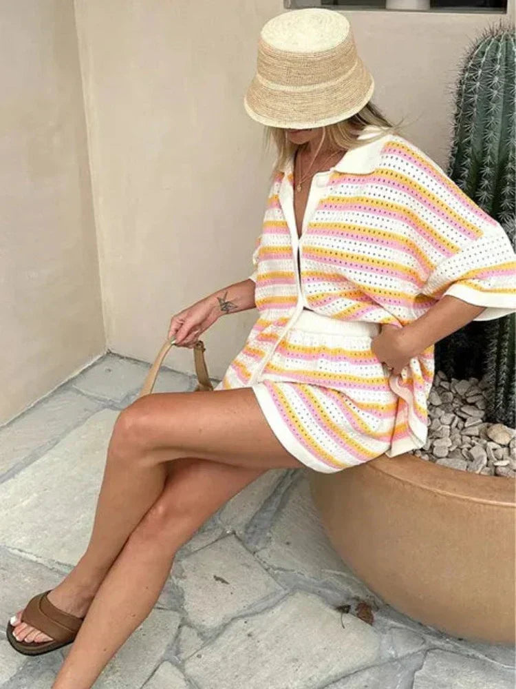 Femme Ensemble Deux Pièces Chemise Manches Courtes et Short à Rayures