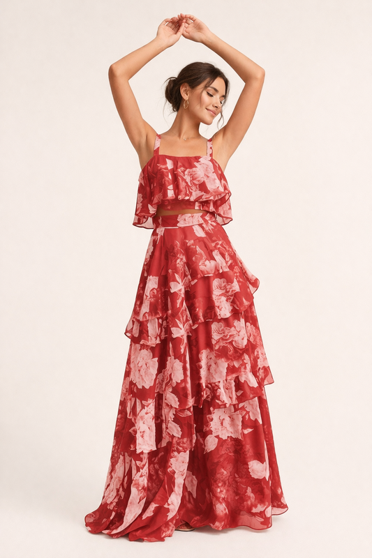 Femme Ensemble Deux Pièces Fleuri avec Crop Top à Volants et Jupe Longue à Étages