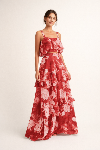 Femme Ensemble Deux Pièces Fleuri avec Crop Top à Volants et Jupe Longue à Étages