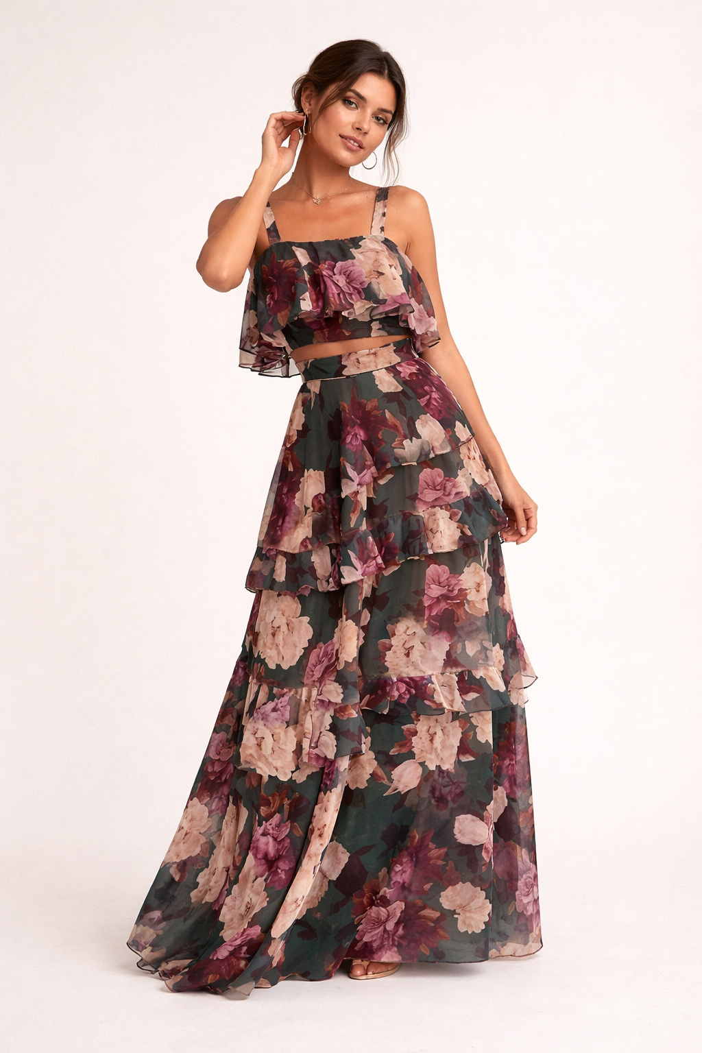 Femme Ensemble Deux Pièces Fleuri avec Crop Top à Volants et Jupe Longue à Étages