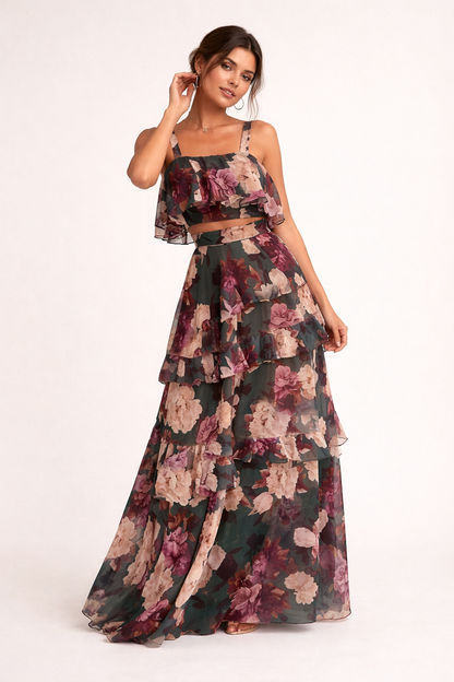 Femme Ensemble Deux Pièces Fleuri avec Crop Top à Volants et Jupe Longue à Étages