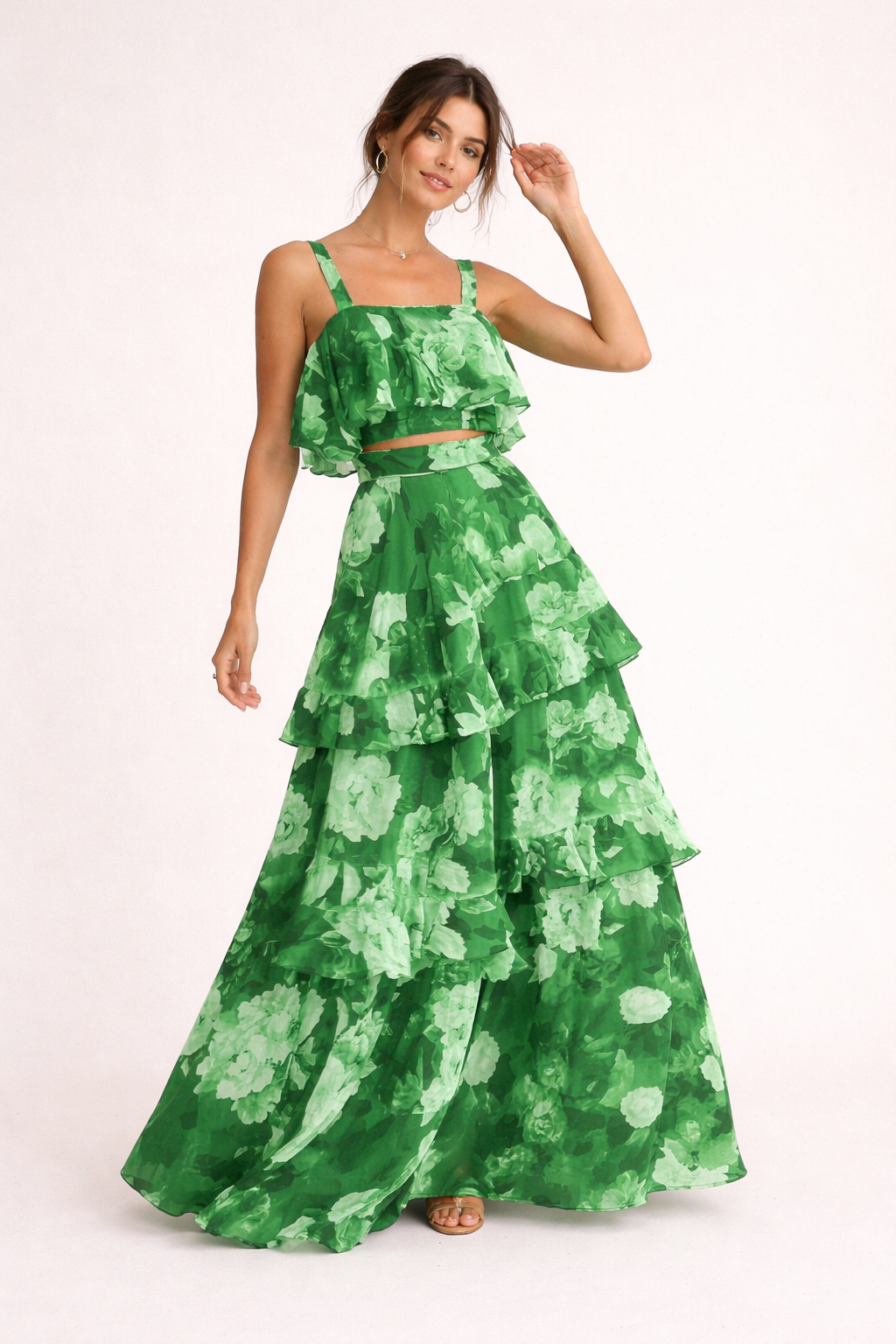 Femme Ensemble Deux Pièces Fleuri avec Crop Top à Volants et Jupe Longue à Étages