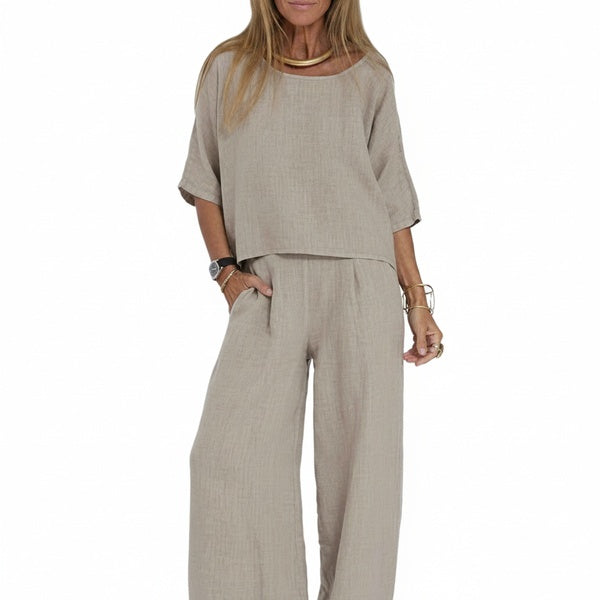 Femme Ensemble Deux Pièces Oversize col Rond Manches Trois-Quarts et Pantalon Large