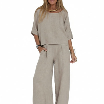 Femme Ensemble Deux Pièces Oversize col Rond Manches Trois-Quarts et Pantalon Large